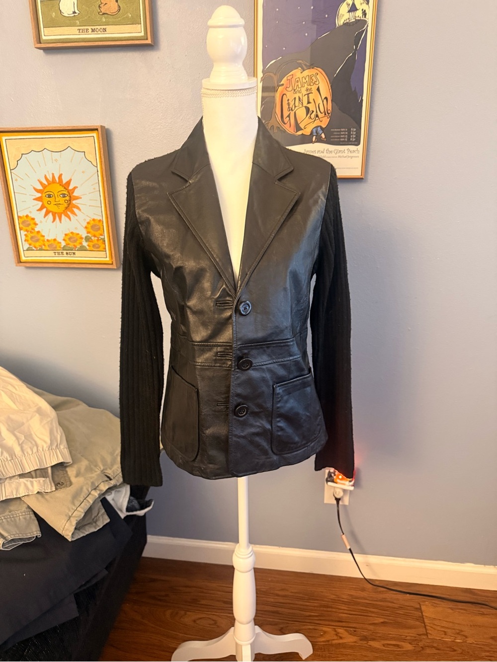 Black Leather Blazer with Knit Sleeves - Women's Jacket